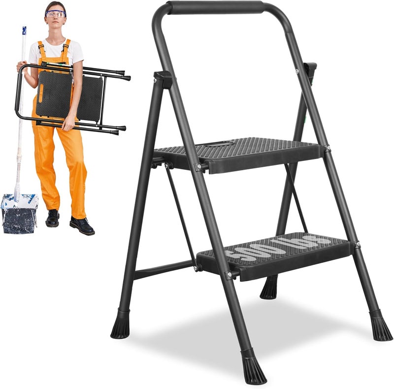 Arbusb 2 Step Ladder, Protable Steel Folding Stool with Wide Anti-Slip Pedal, 500lbs Sturdy Steel Ladder, Black - Image 1
